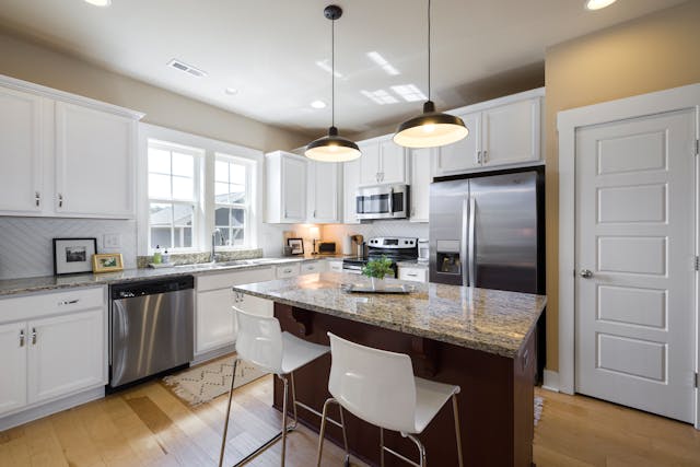 kitchen with grey countertops and island