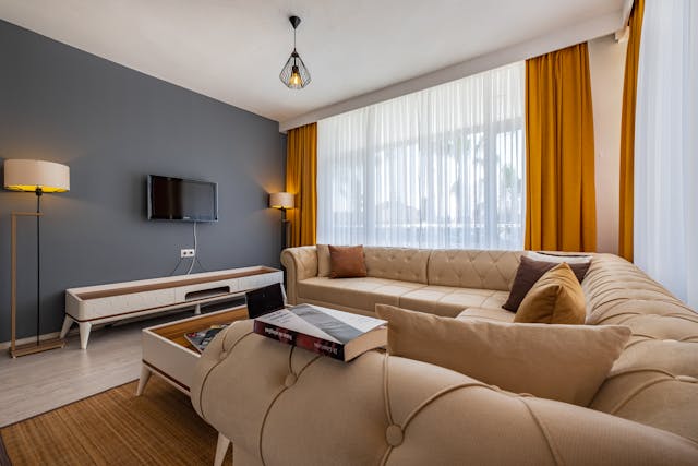 living room with beige couch